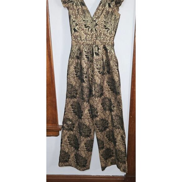 Happy x Nature Gold Floral Tie Front Jumpsuit Sleeveless V-Neck Wide Leg Sz 4 S - Picture 6 of 14
